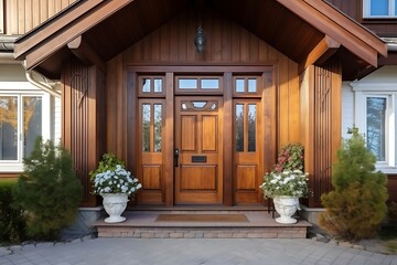 Main entrance door in house with garage and pool for sale