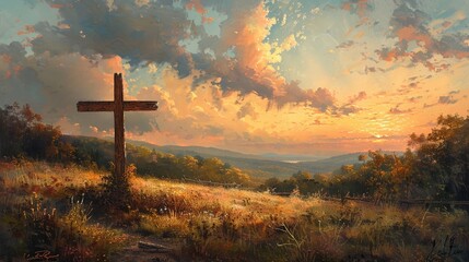 Christ's cross in morning light - obrazy, fototapety, plakaty