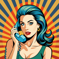 Naklejka na ściany i meble beautiful-woman-chatting-on-the-retro-phone--pop-a