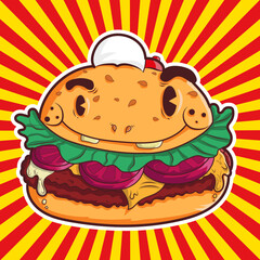 Burger Cartoon fast food restaurant logo illustration.