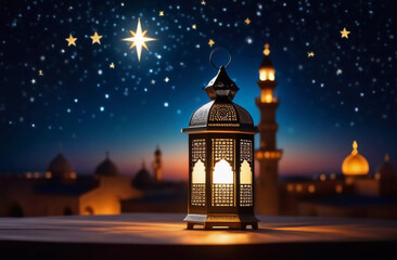 Fototapeta na wymiar Arabian lantern against the backdrop of the starry sky and the city. Background for your design. Generative AI