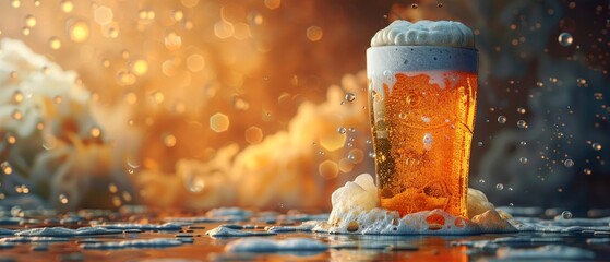 Beer glass with foam, 3D artwork - obrazy, fototapety, plakaty