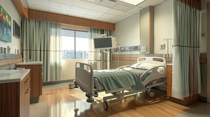 Design a 3D rendering illustrating the lateral perspective of a hospital isolation setting.