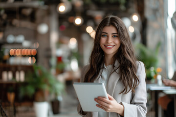 Fototapeta premium Smiling Businesswoman with Tablet in Modern Office