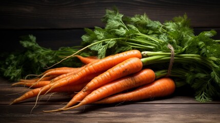Fresh carrot bunch on dark wooden table or black background, copy space. - obrazy, fototapety, plakaty