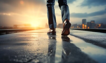 Businessman walking on the road at sunset.