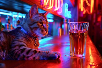 The cat is the bartender at the bar in the neon light. Preparation of drinks. Modern bright bar,...