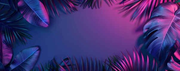 A frame made of leaves of tropical flowers in neon light. Purple background with space for text. The light of ultraviolet lamps for plants