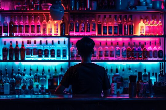 The bartender at the bar in the neon light. Preparation of drinks. Modern bright bar, pub, retro neon lighting. Fashionable interior of the establishment, creative design
