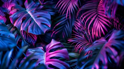 A frame made of leaves of tropical flowers in neon light. Purple background with space for text. The light of ultraviolet lamps for plants