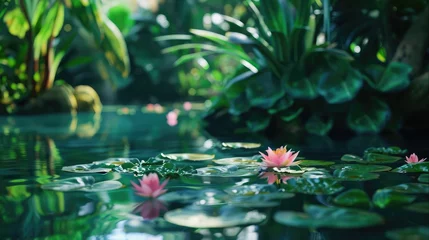 Foto op Canvas A tranquil pond surrounded by lush foliage, with colorful water lilies floating on its surface and reflecting the azure sky above in a peaceful tableau of nature © Ammar