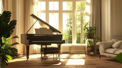 Design a compelling 3D render portraying a piano within a dedicated practice room