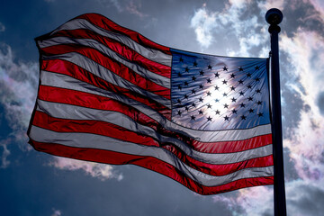American election and vote concept. US Flag. Waving american flag on dark dramatic sky. Grunge American flag. US flag and sunrise. Independence day. - 786878561