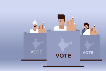 Illustration of people showing their hands with electoral stain after casting vote.Concept of election in India