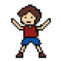 Fototapeta premium Cute pixel cartoon 8bit character man exercises training alone lifestyle vector for decoration life style 8 bit male boy exercise gym fitness warm up game fitness vector.