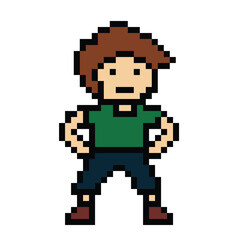 Cute pixel cartoon 8bit character man exercises training alone lifestyle vector for decoration life style 8 bit male boy exercise gym fitness warm up game fitness vector.