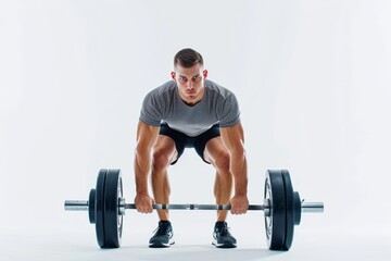 Full length portrait of man in sportswear exercising with a weight isolated on white background. Fit young muscular caucasian model with barbell training at abstract gym. Sport, weightlifting concept