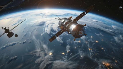 An advanced communications satellite orbiting high above the Earth, its sleek metallic exterior...