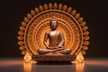 A gold statue of a Buddha is sitting on a table.