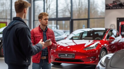 Fototapeta na wymiar salesperson showcasing electric car EV in auto modern showroom AIG41
