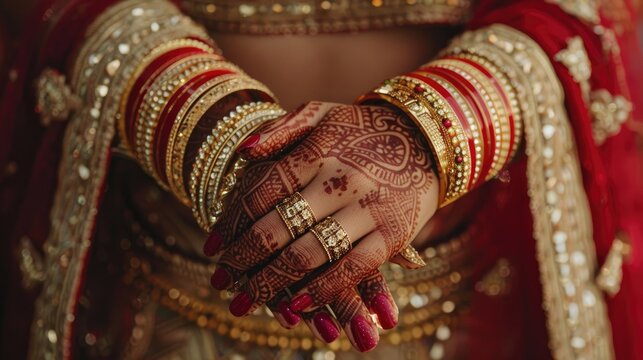 Bride s hands adorned with bangles and gold rings