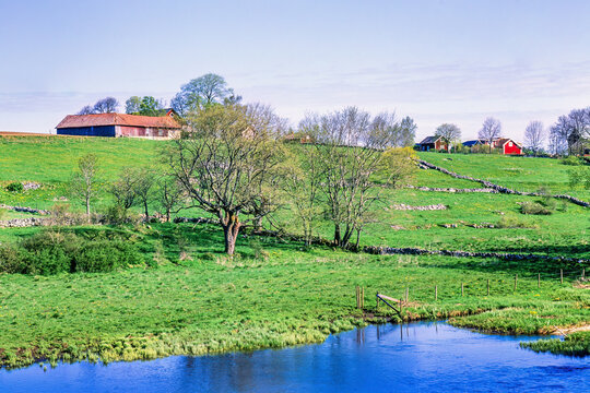 Rural landscape view with a river at spring