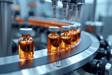 production of medical drugs, vaccines, conveyor with glass bottles in close-up