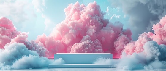Abstract pink stand with white cloud backdrop - obrazy, fototapety, plakaty
