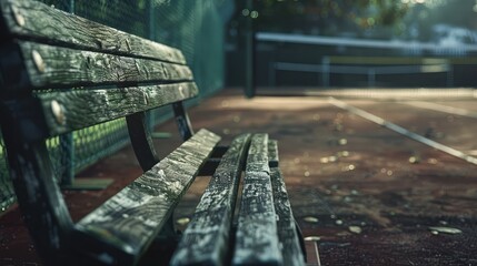 A weathered wooden bench at an tennis court, offering a quiet spot to reflect on the echoes of cheers and rallies that once filled the air,