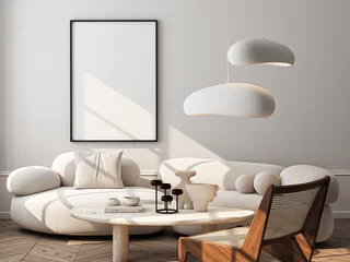 Fotobehang Frame mockup, ISO A paper size. Living room wall poster mockup. Interior mockup with house background. Modern interior design. 3D render  © mtlapcevic