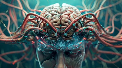 A brain with a bunch of wires coming out of it. - obrazy, fototapety, plakaty