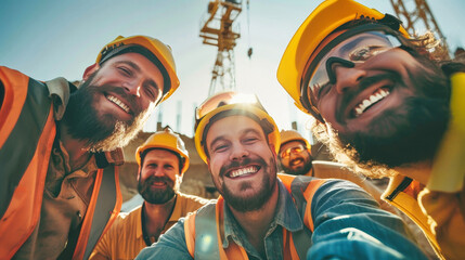 A group of cheerful construction workers stand in a row, sharing a moment of laughter and camaraderie - obrazy, fototapety, plakaty
