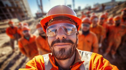 A man with a hard hat and safety glasses, exuding humor and cheerfulness on a construction site