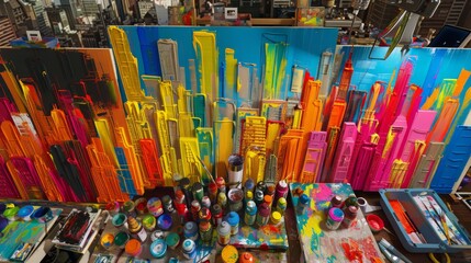 A colorful 3D cityscape painting in a studio with many spray paint cans