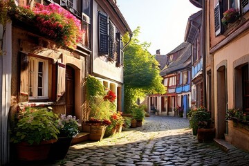 Fototapeta na wymiar charming village square in a Bavarian town, with timber-framed buildings,