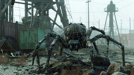 A giant mechanical spider made of scrap metal stands in an abandoned industrial shipyard