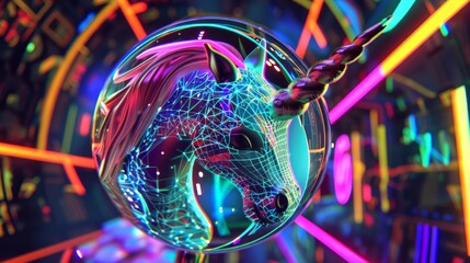 A glowing neon unicorn made of stars and sparkles stands in a colorful neon landscape. - obrazy, fototapety, plakaty