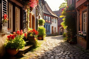 Obraz premium charming village square in a Bavarian town, with timber-framed buildings,