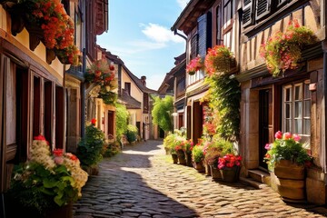 Fototapeta na wymiar charming village square in a Bavarian town, with timber-framed buildings,