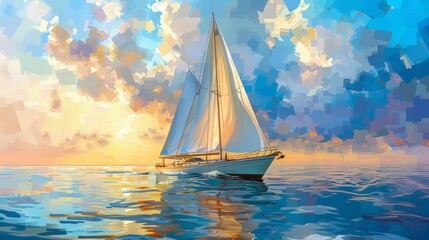 A painting of a sailboat at sea. The sky is blue and cloudy, and the water is a deep blue. The boat is white with a brown mast.