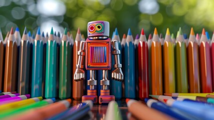 A robot made of colored pencils stands in front of a blurred background of colored pencils. - obrazy, fototapety, plakaty