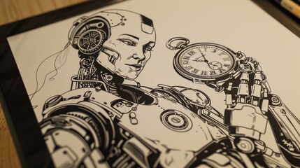 A steampunk female robot holds a pocket watch in her hand.