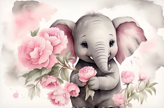 Watercolor illustration of baby elefant with pink flowers. Concept for birthday cards, posters, stickers. AI generated