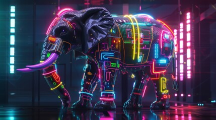 An elephant made of neon lights and wires