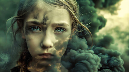 Woman With Blue Eyes Emitting Smoke - obrazy, fototapety, plakaty