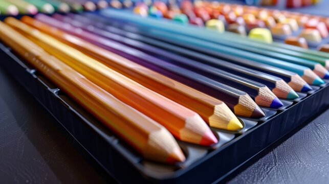 An open box of colored pencils displayed on a black leather surface.
