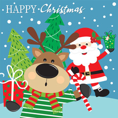 Christmas card design with cute santa and reindeer
