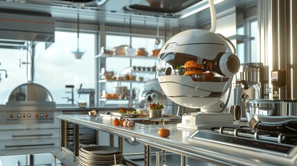 The image shows a robot chef in a futuristic kitchen. The robot is cooking a burger. - obrazy, fototapety, plakaty