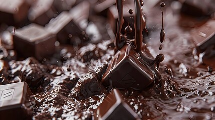 Design a realistic 3D render showcasing close-up shots of porous chocolate blocks as liquid chocolate cascades over them - obrazy, fototapety, plakaty