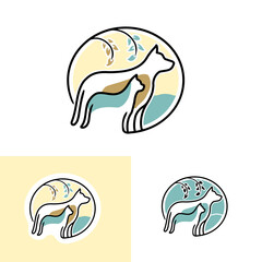 Dog and cat logo in line art style, leaves and quiet spot colors. Pet theme symbol for veterinary, shop, animal hotel or rescue